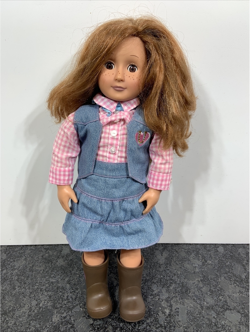 Battat Our Generation 18" Brown Red Hair Doll W/ Brown Eyes & Freckles Denim EUC